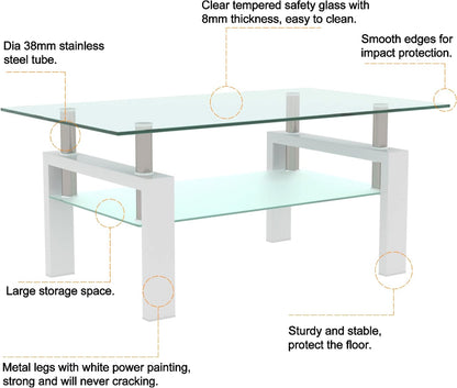 Glass Coffee Table Rectangle White Living Room Center Table, 39inch Transparent Tempered Glass
