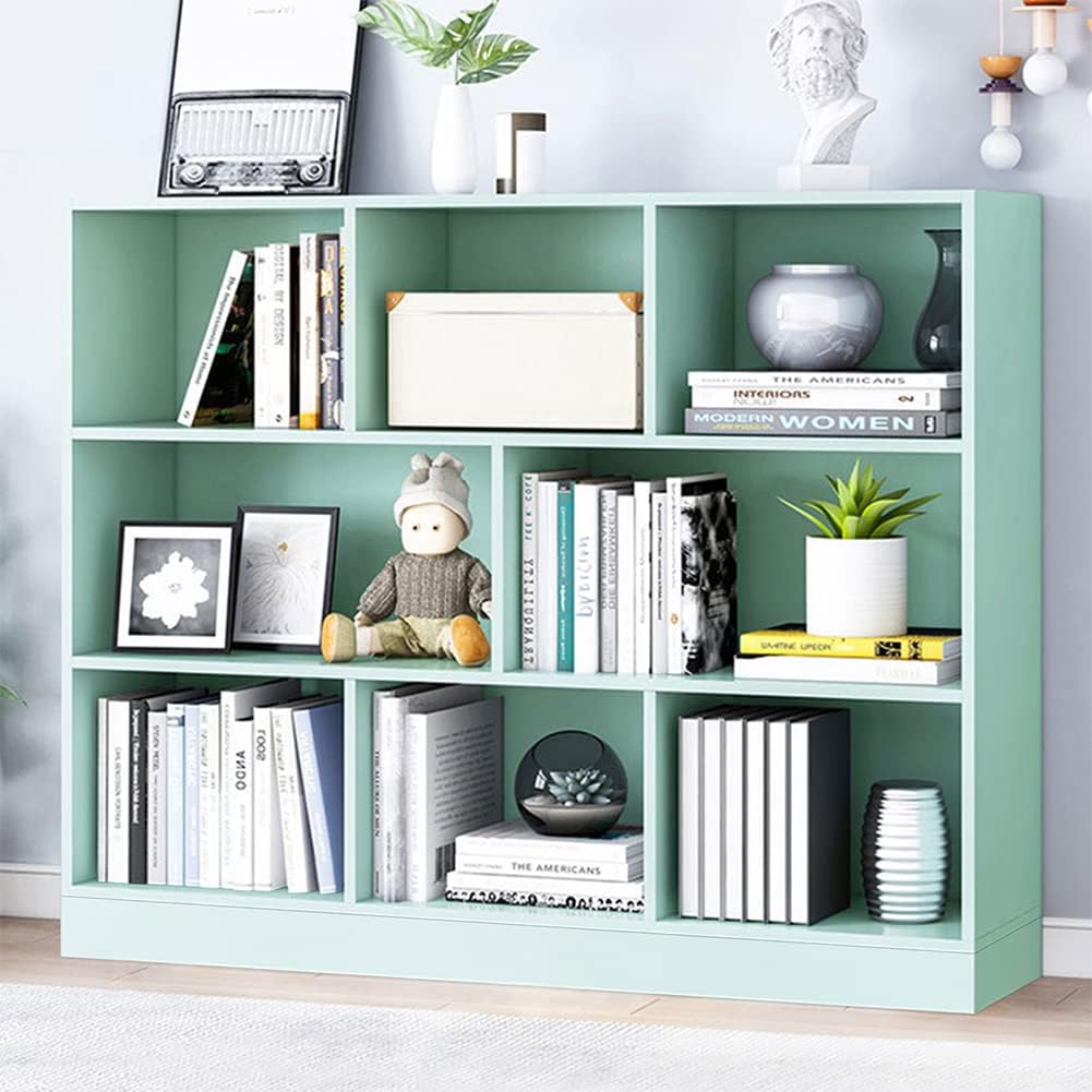 IOTXY Open Shelf Low Bookcase - Wooden 3-Tier Floor Standing Display Cabinet Organizer with Base, 8