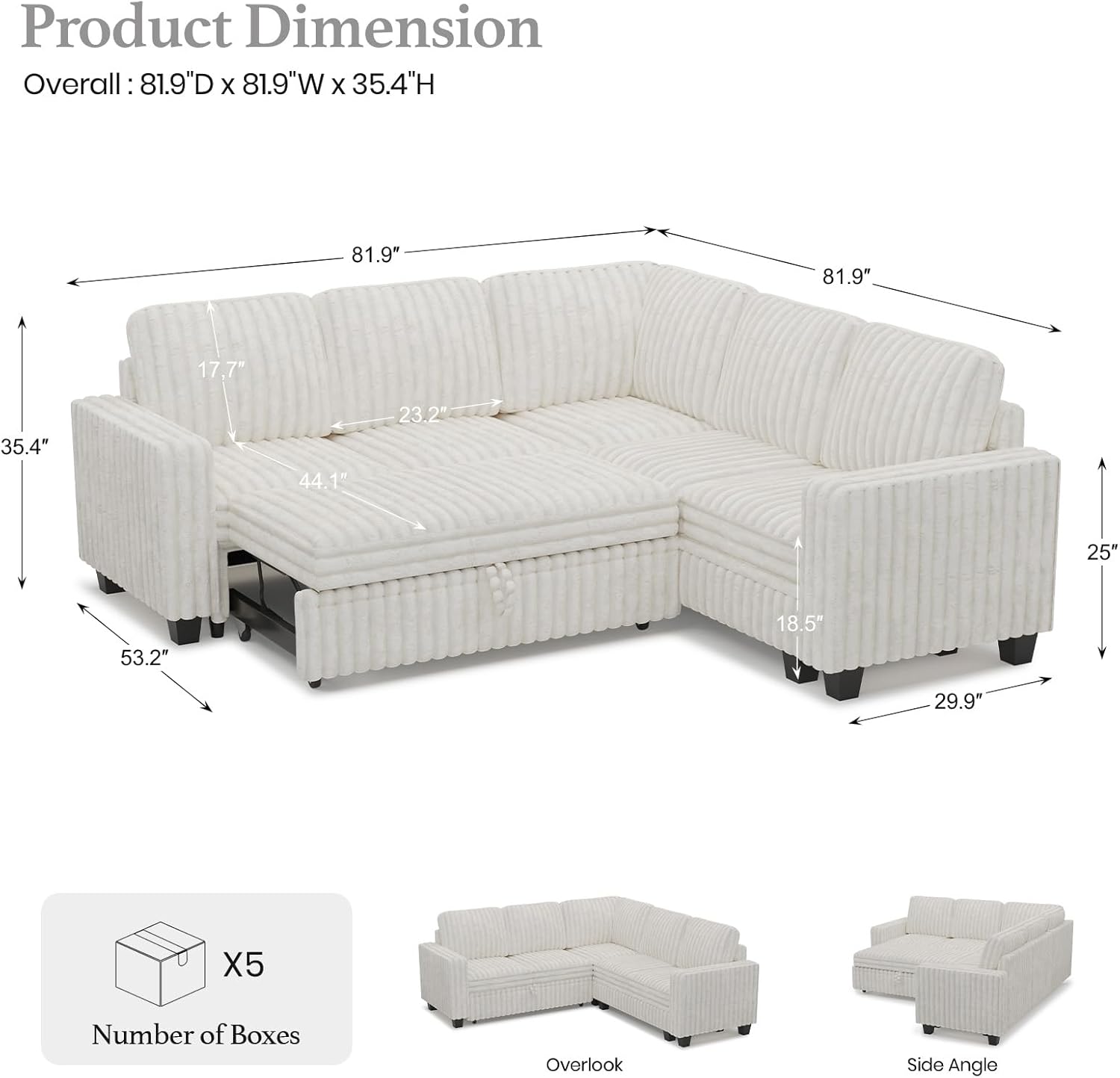 Belffin Plush Corduroy Modular Sectional Sofa with Pull Out Bed Convertible Small Sectional Corner