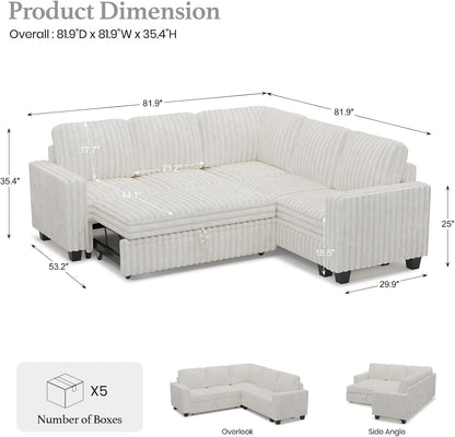 Belffin Plush Corduroy Modular Sectional Sofa with Pull Out Bed Convertible Small Sectional Corner