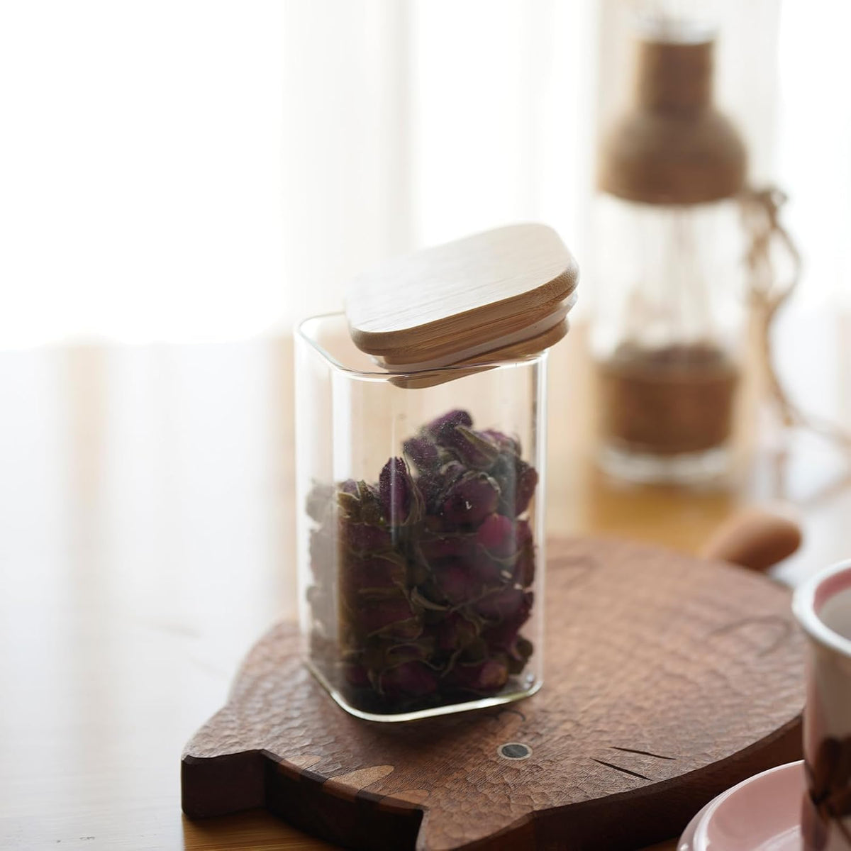 Glass Food Storage Jars Square 8oz, 12 Pack Glass Jars With Bamboo Lids, Kitchen Storage Containers