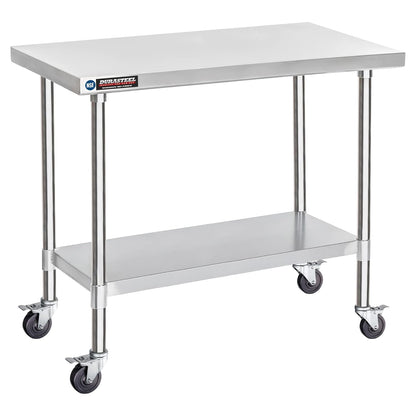 DuraSteel 30x48 NSF Stainless Steel Cart - Heavy Duty Food Prep Table with Undershelf - Rolling
