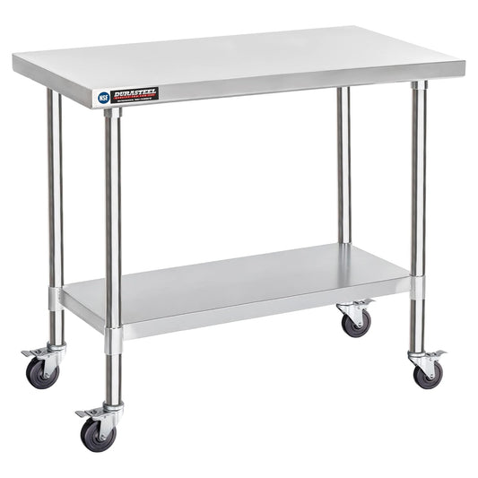 DuraSteel 30x48 NSF Stainless Steel Cart - Heavy Duty Food Prep Table with Undershelf - Rolling