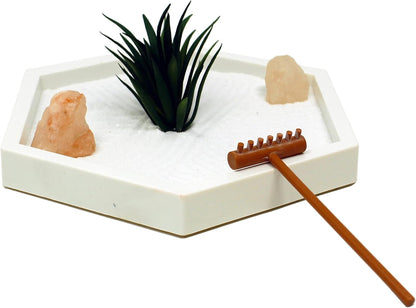 Nature's Mark Mini Zen Garden Kit for Desk with White Sand, Rake, White Base, Salt Rock and Air
