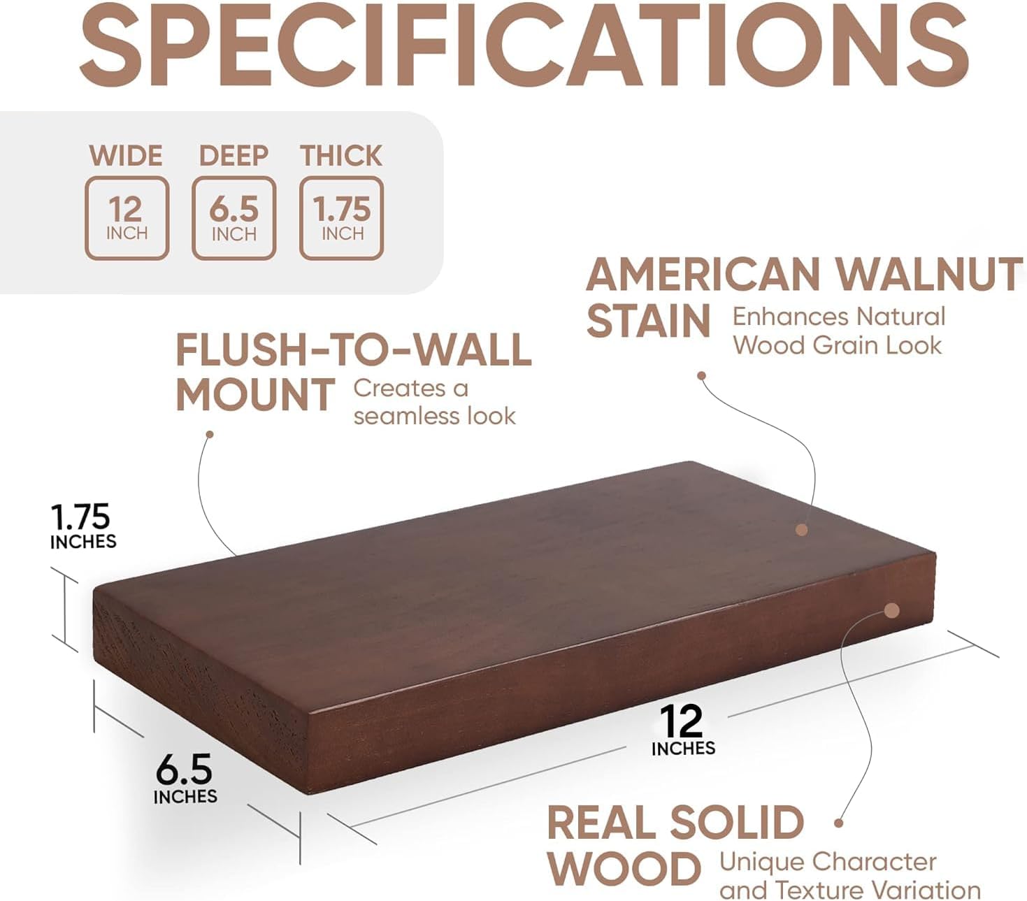 Homeforia Walnut 12 inch Floating Shelf, High End Solid Real Wood Small 12inch Floating Shelves for