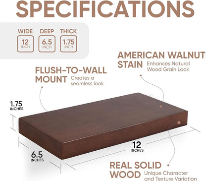 Homeforia Walnut 12 inch Floating Shelf, High End Solid Real Wood Small 12inch Floating Shelves for