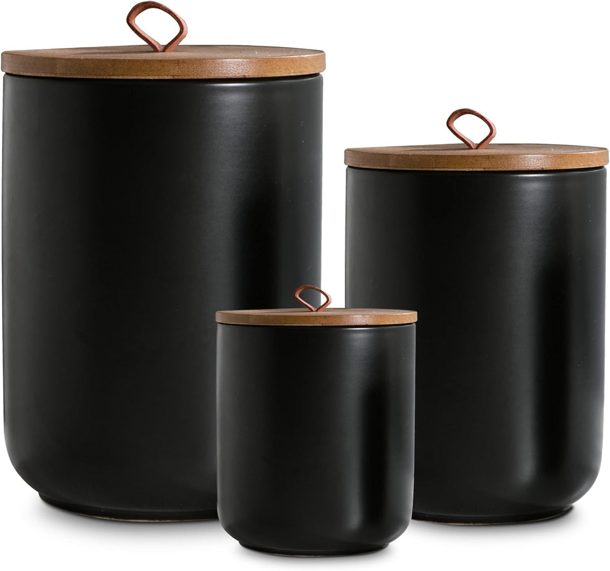 Black Ceramic Canister Set with Wooden Lid, 3-Piece Food Storage Jars for Kitchen Counter, Storage