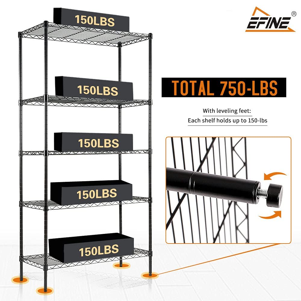 EFINE 5-Shelf Shelving Unit with Shelf Liners Set of 5, Adjustable, Metal Wire Shelves, 150lbs