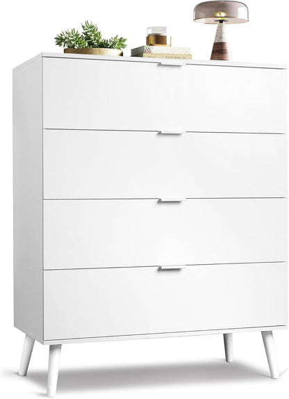 WLIVE 4 Drawer Dresser for Bedroom, Tall Wood Dresser, Modern White Dressers with Sturdy Metal