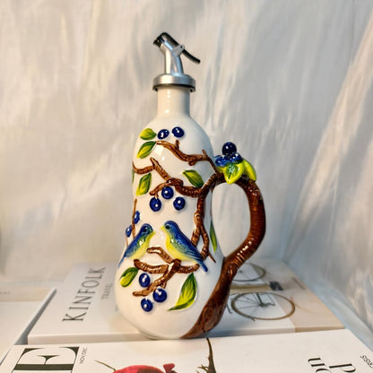 18 Oz Hand Painted Relief Ceramic Olive Oil Bottle Dispenser for Kitchen, Oil and Vinegar Bottle