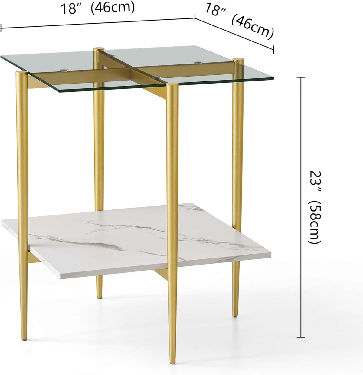 Square Glass End Table, Mid-Century Modern Design Sofa Table, for Living Room, L18 x W18 x H23
