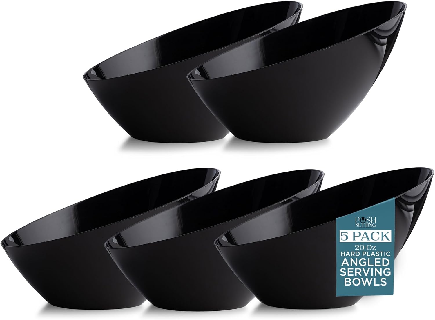 Posh Setting - Black Plastic Serving Bowls for Party - Angled, Disposable, Chip & Candy Bowls - 20