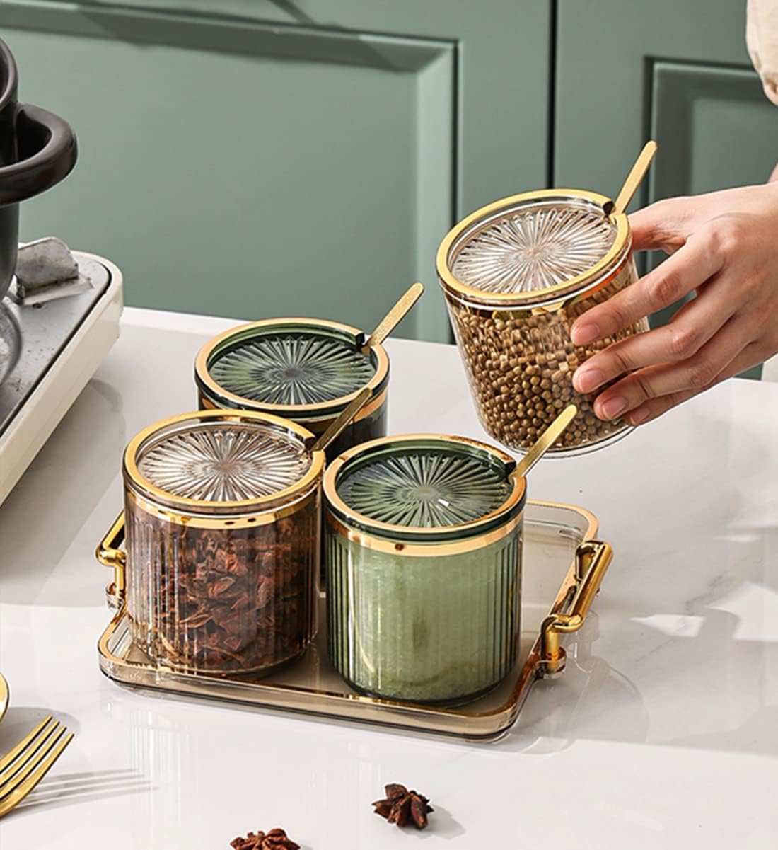 Acrylic Condiment Spice Jars,Condiment Spice Box With Lids and Spoons and Tray,Clear Plastic