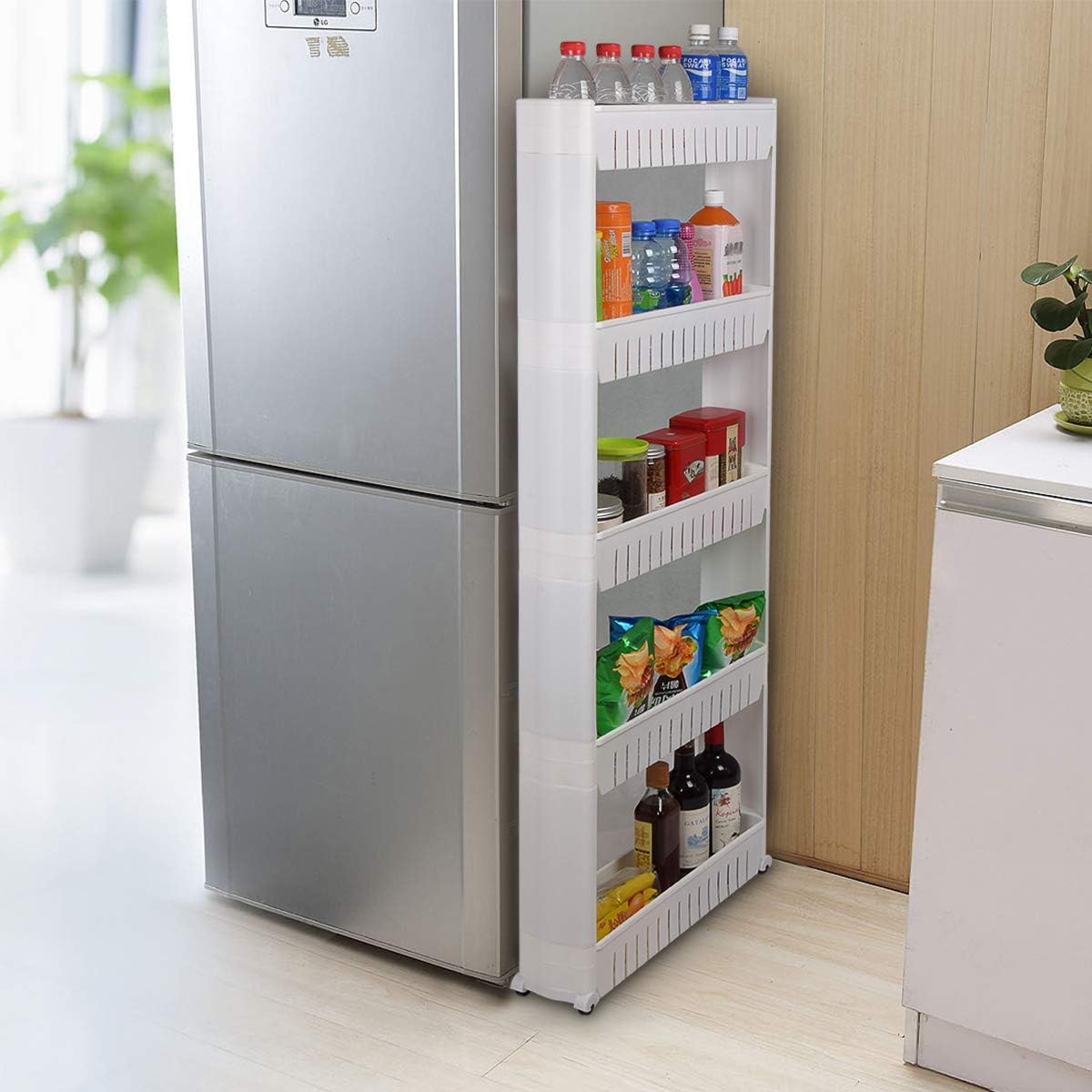 Laundry Room Organizer, Mobile Shelving Unit Organizer with 5 Large Storage Baskets, Gap Storage