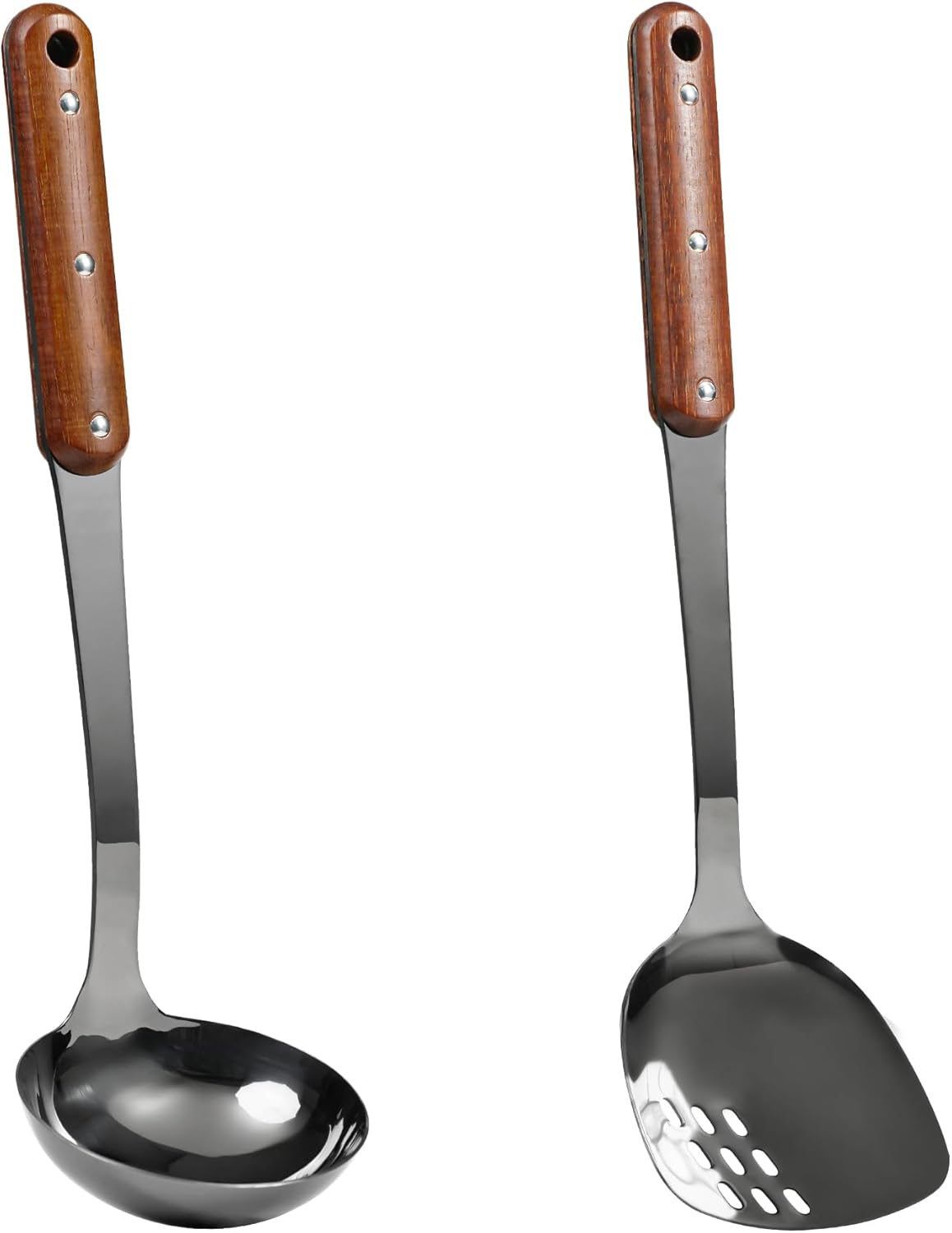 FJNATINH Stainless Steel Wok Spatula and Ladle Tool, Mirror Polished Cooking Utensils Set Metal Wok
