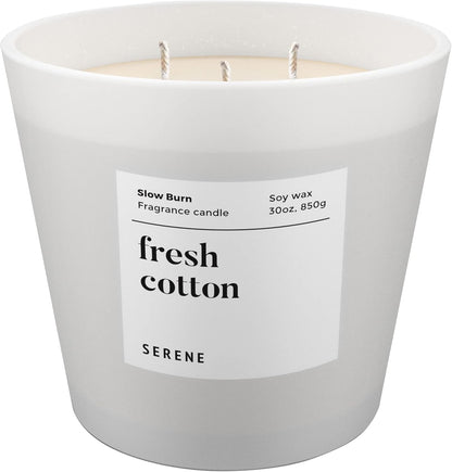Hidden Label Large Scented Candle, Fresh Cotton, 30oz 3 Wick Huge Candle, Serene Collection Slow