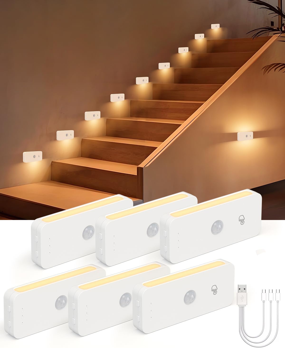 Yiliaw Motion Sensor Night Lights Indoor - Rechargeable Stick-On Stair Lights with Wireless