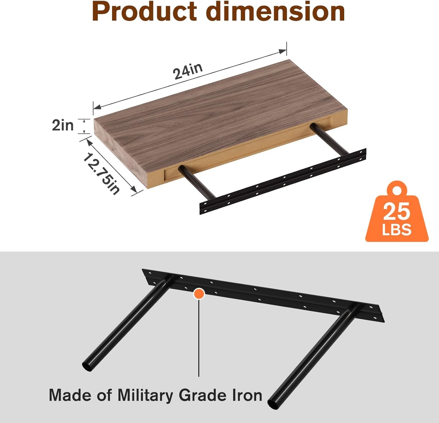 Floating Shelf, Set of 2 Wall Shelf, 24 in W x 12.75 in D x 2 in H Wooden Floating Wall Shelf with