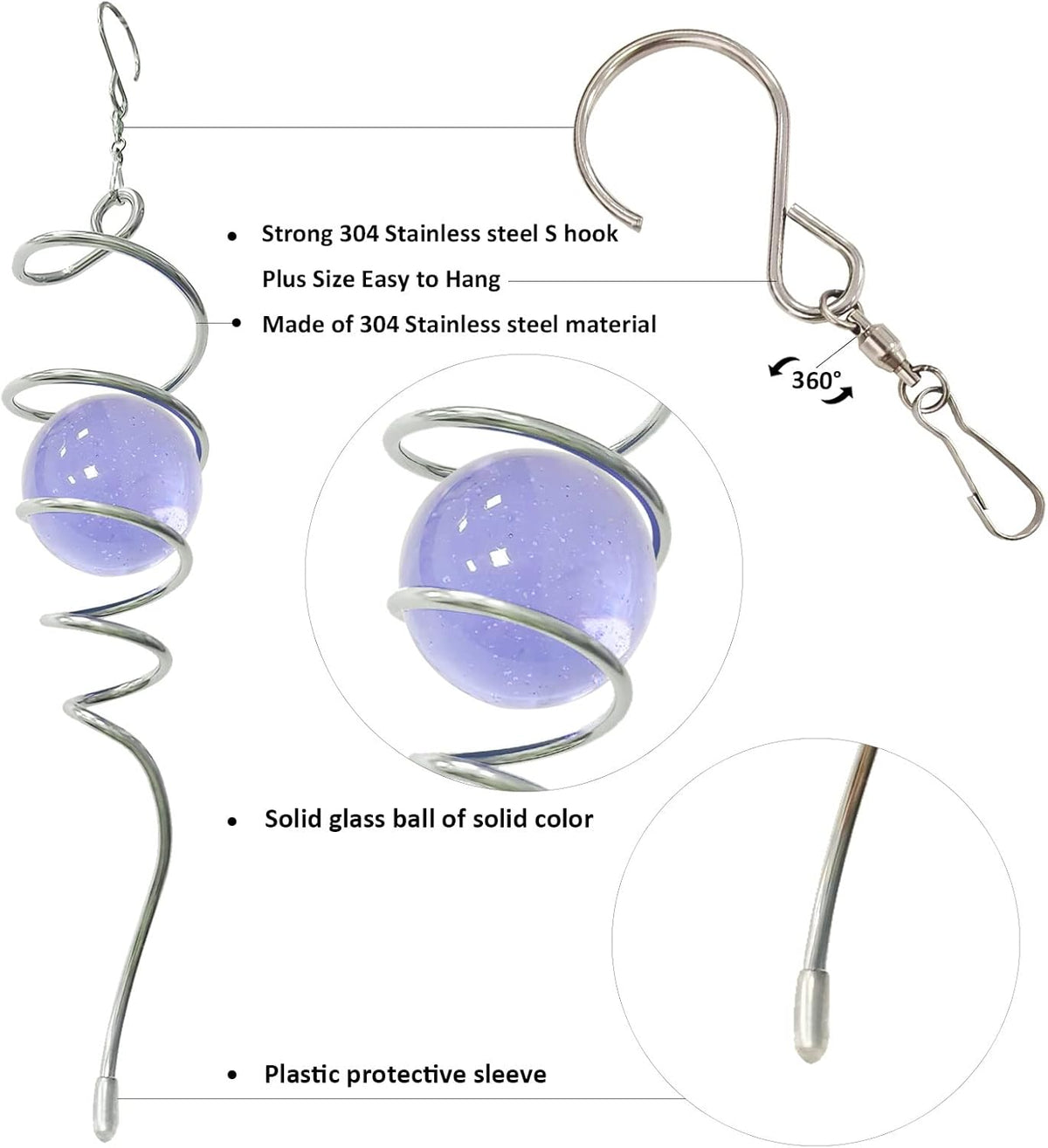 Gazing Ball Spiral Decorative Wind Spinner Sun Catcher 11inch Tail and 2 inch Glass Orb. Indoor