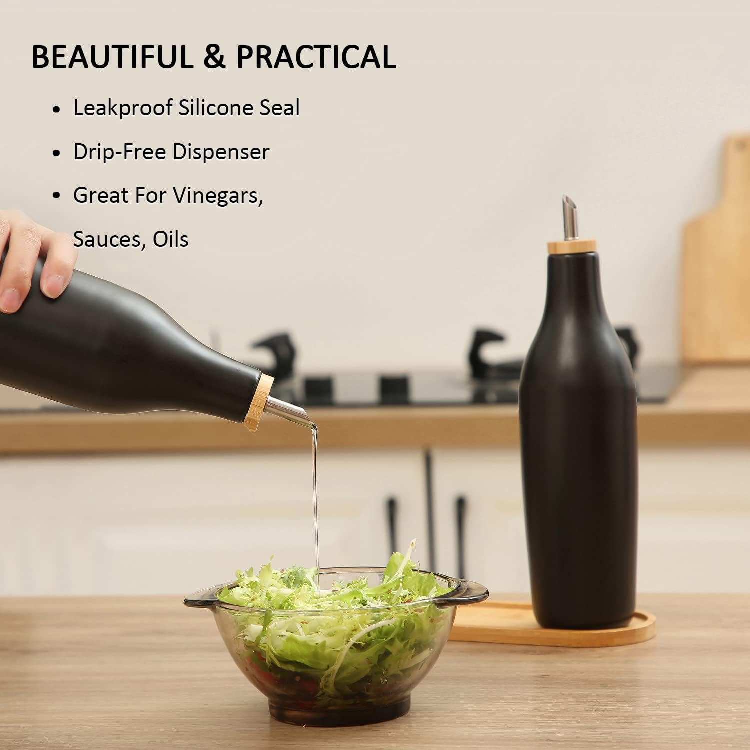 HOMCDALY Ceramic Olive Oil Dispenser for Kitchen, Stoneware 16oz Oil and Vinegar Bottles Dispenser
