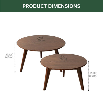 100% Solid Oak Wood Coffee Table Set, Round Coffee Table Combo Side Table w/Solid Wood Legs, Mid