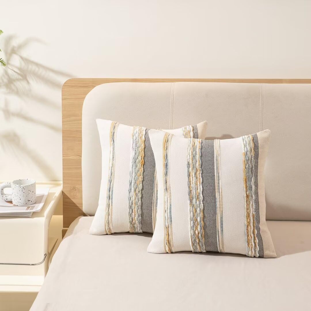 Boho Throw Pillow Covers 18x18 Set of 2 Farmhouse Decorative Cushion Case Striped Square Pillows