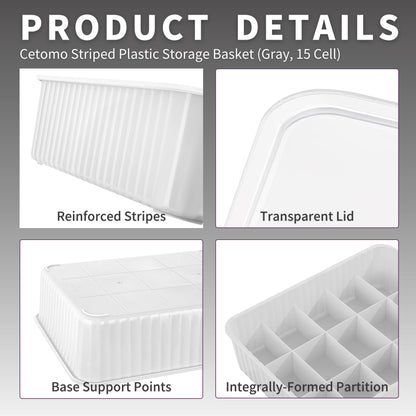 Cetomo 15 Cells Plastic Underwear Sock Drawer Organizer with Lid, Lidded Storage Box with Dividers