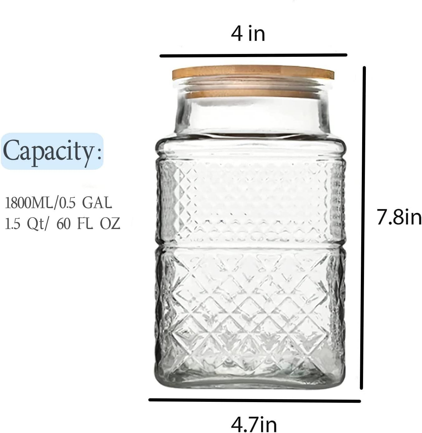 Large Glass Storage Jar, 2 Pack 60 FL OZ Glass Food Storage Containers with Bamboo Lid, Kitchen