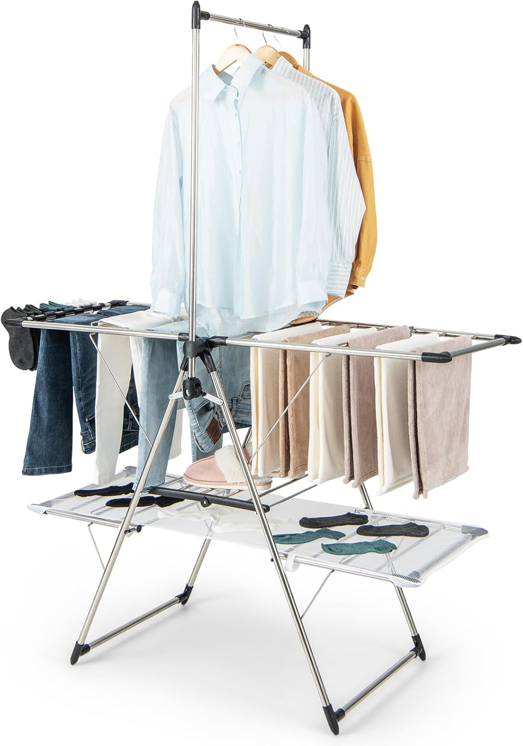 Tangkula Foldable Clothes Drying Rack, 2-Tier Laundry Drying Rack w/Tall Hanging Bar, Height