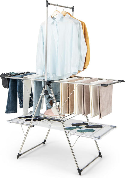 Tangkula Foldable Clothes Drying Rack, 2-Tier Laundry Drying Rack w/Tall Hanging Bar, Height