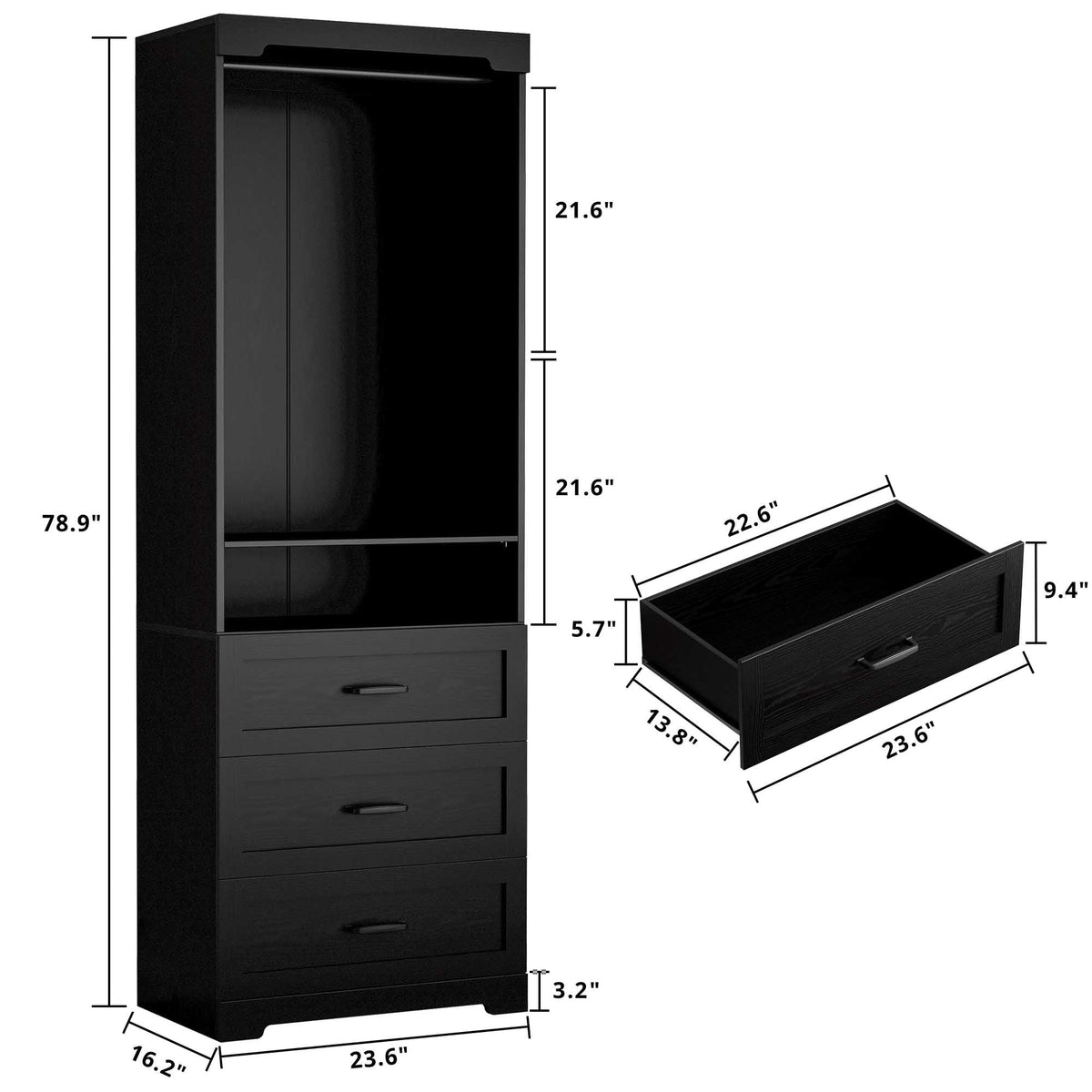 IRONCK Freestanding Closet System with Adjustable Shelves & 3 Drawers