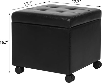 Adeco 17.7" Leather Ottoman with Wheels, Black Square Rolling Ottoman with Storage, Upholstered