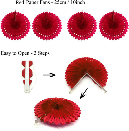 ZERODECO Party Decoration, 21 Pcs Red Hanging Paper Fans Pom Poms Flowers, Garlands String and