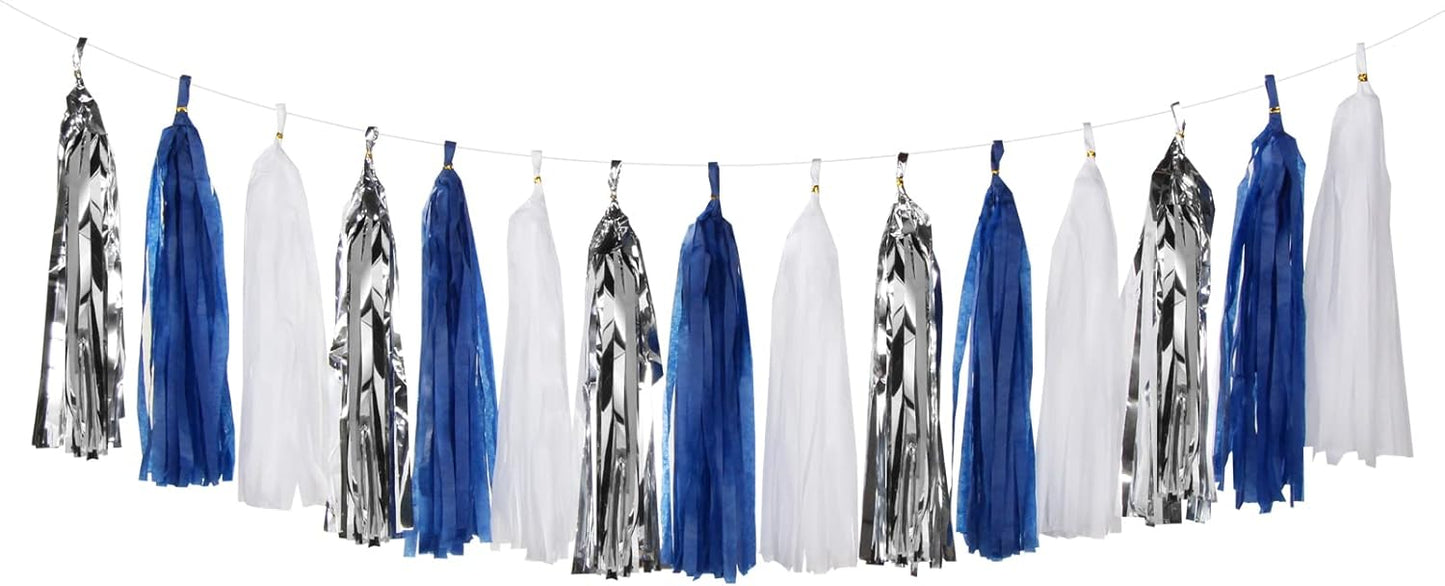 Navy-Blue White-Silver Tassel Garland Streamers - 15pcs Party Decorations Tissue Paper Tassels