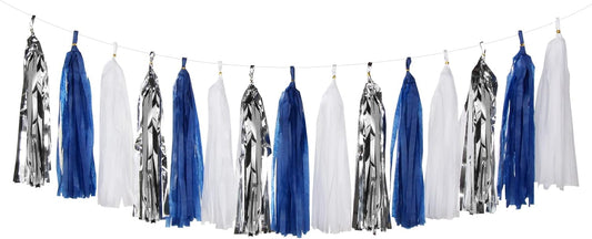 Navy-Blue White-Silver Tassel Garland Streamers - 15pcs Party Decorations Tissue Paper Tassels