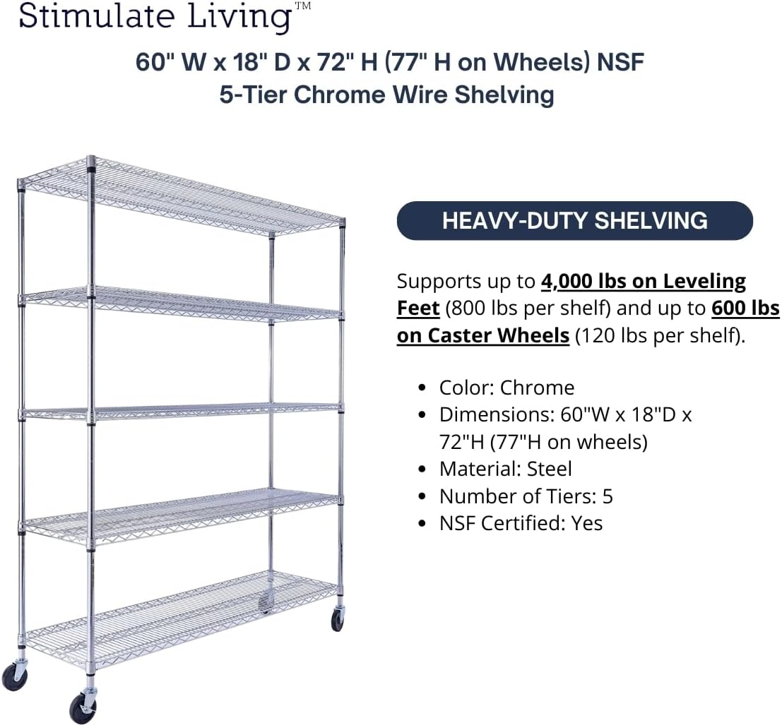 60"x18"x72" PRIME HEAVY DUTY Chrome 5-Tier Wire Shelving 4000 LBS MAX Capacity Storage Rack for