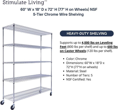 60"x18"x72" PRIME HEAVY DUTY Chrome 5-Tier Wire Shelving 4000 LBS MAX Capacity Storage Rack for