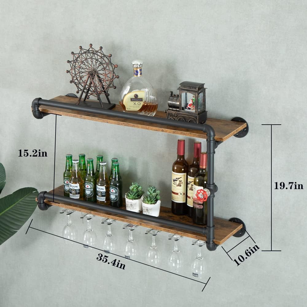 Wine Rack Wall Mounted 2 Tier, Hanging Floating Bar Liquor Shelves with Glass Holder Storage Under
