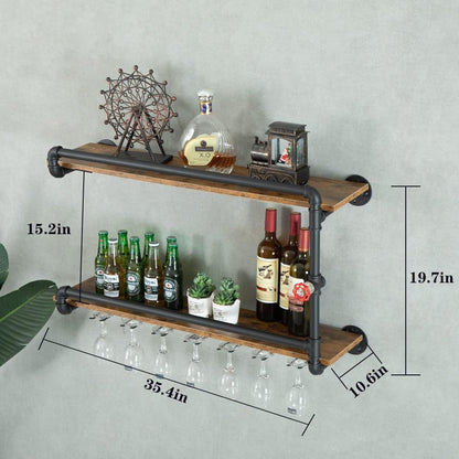 Wine Rack Wall Mounted 2 Tier, Hanging Floating Bar Liquor Shelves with Glass Holder Storage Under