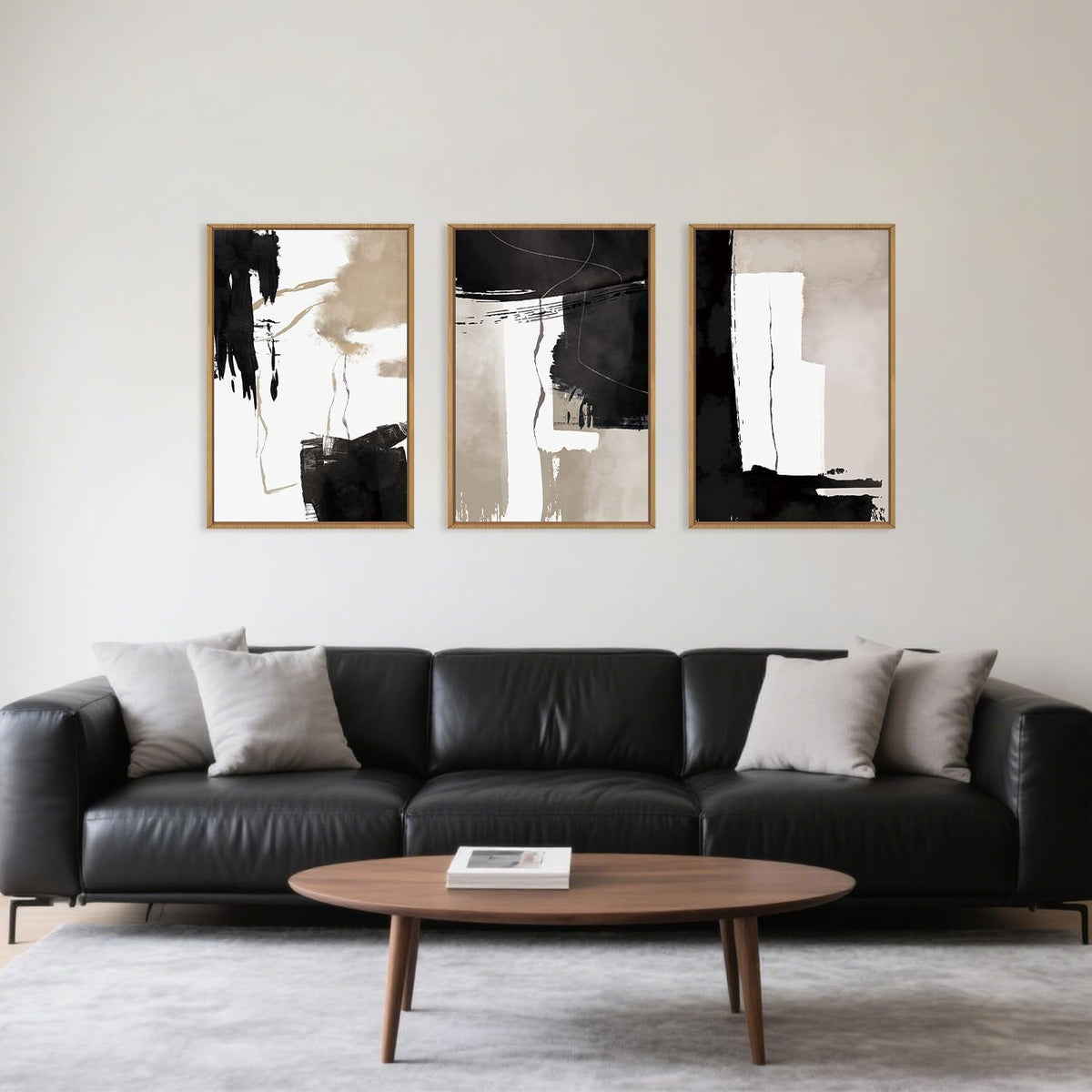 Black White Brown Framed Canvas Wall Art Set, Neutral Geometric Wall Decor, Modern Abstract Wall