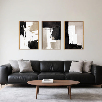 Black White Brown Framed Canvas Wall Art Set, Neutral Geometric Wall Decor, Modern Abstract Wall