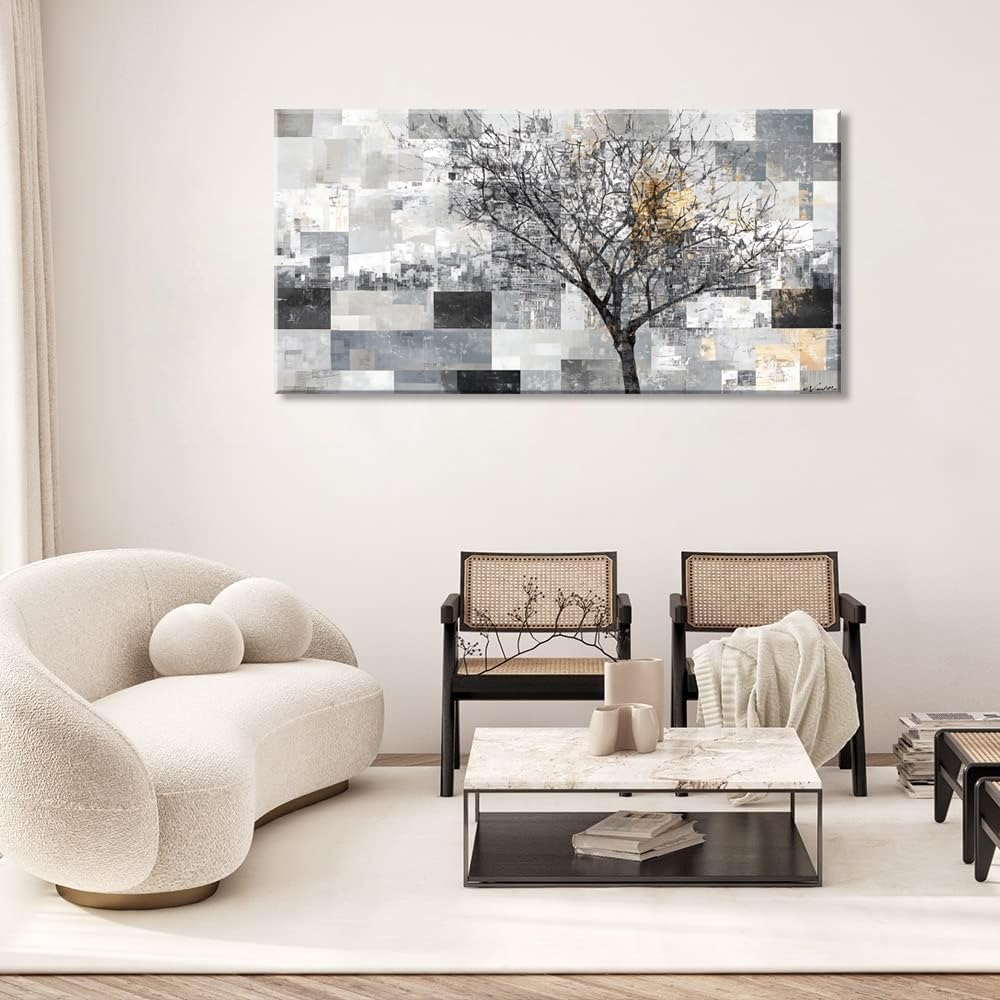 LASMOND Modern Abstract Tree Wall Art for Living Room Black and White Canvas Painting Wall Art
