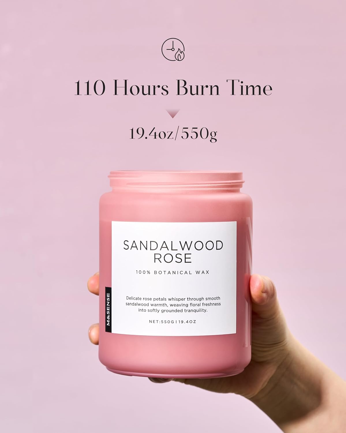 M&SENSE Sandalwood Rose Scented Candle 19.4oz 110 Hours Long Lasting Burn Natural Soy Wax Strong