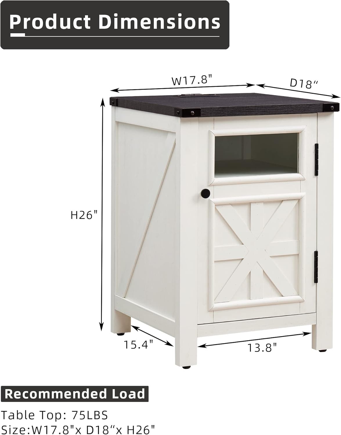 JXQTLINGMU Farmhouse End Table with Charging Station, 18'' Rustic Nightstand with Barn Door &