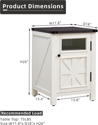 JXQTLINGMU Farmhouse End Table with Charging Station, 18'' Rustic Nightstand with Barn Door &