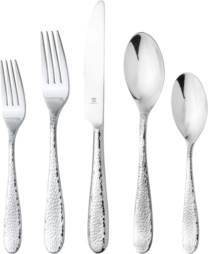 Hammered Silverware Set | Premium 18/10 Stainless Steel Flatware Service for 12 | Heavy-Duty &