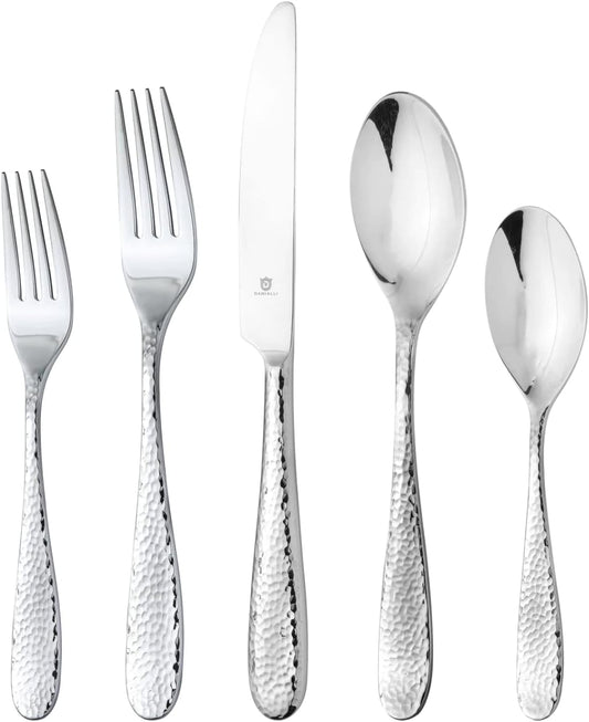Hammered Silverware Set | Premium 18/10 Stainless Steel Flatware Service for 12 | Heavy-Duty &