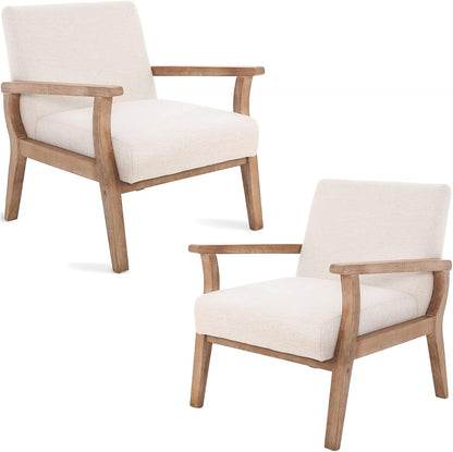 Beige Accent Chair Set of 2 Mid Century Modern Living Room Armchair Wood Sitting Chair Linen Fabric
