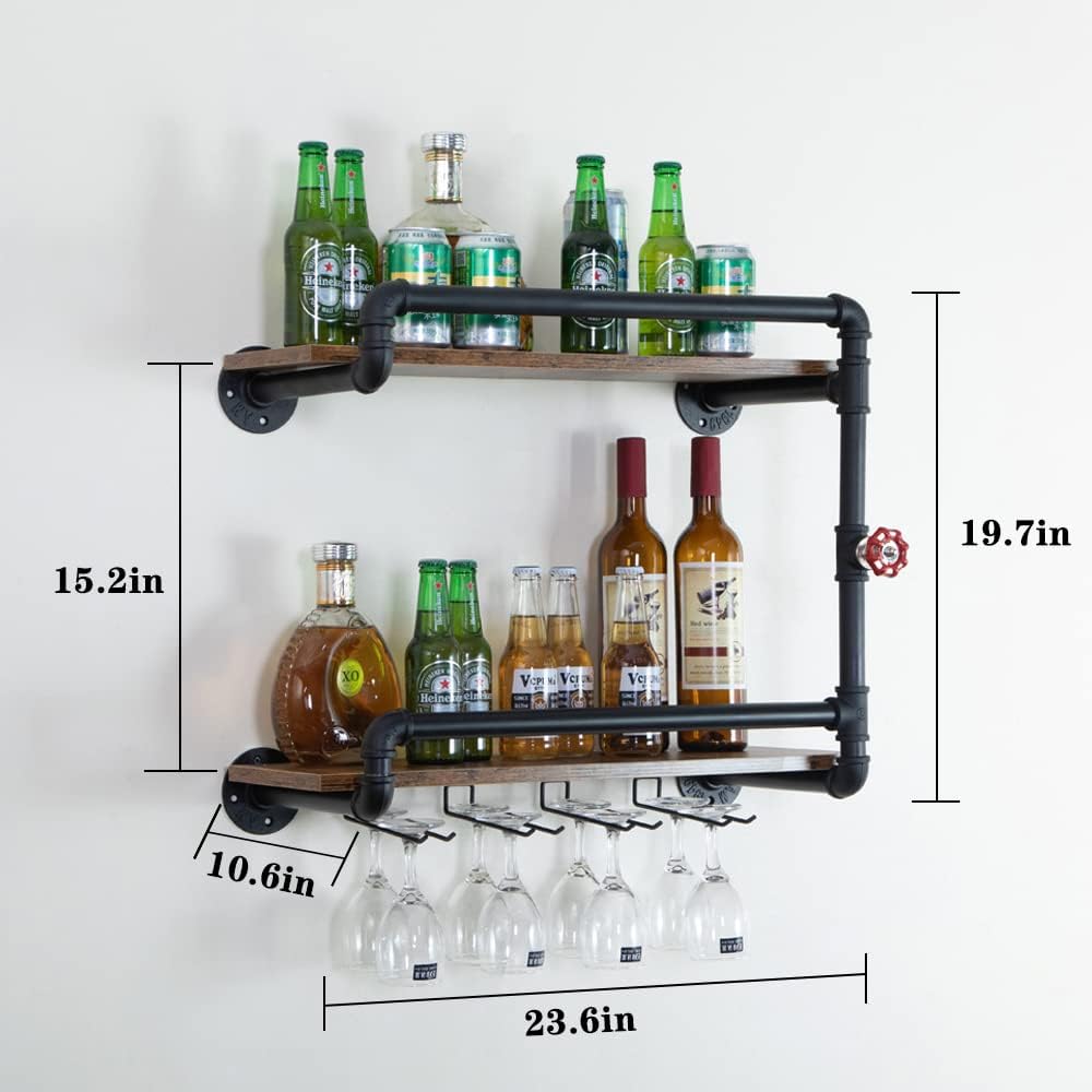 Wine Rack Wall Mounted 2 Tier, Hanging Floating Small Mini Bar Liquor Shelves with Glass Holder