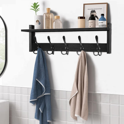 Homode Coat Rack with Shelf, 24" Coat Hooks Wall Mounted with Shelf, Wooden Hanging Coat Hanger